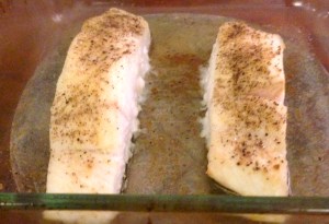 Baked halibut - ready to top with the pineapple salsa!