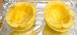 Now just turn the squash face down and bake in the oven!