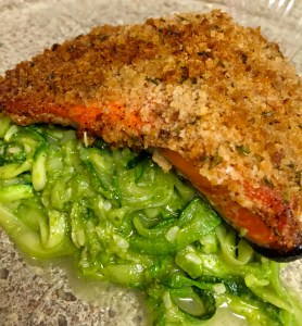 I served my pesto with zucchini noodles and baked salmon